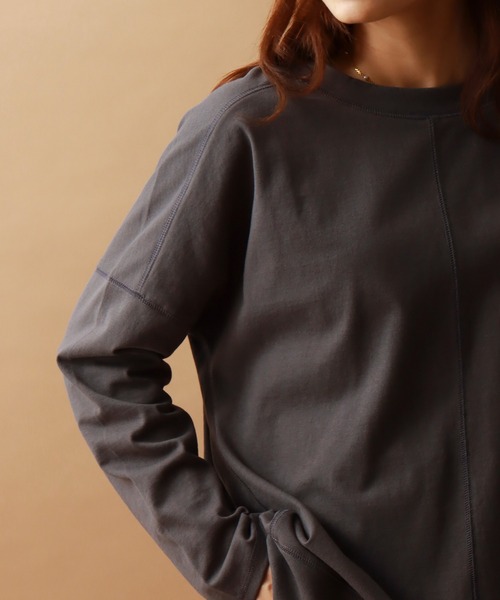 libelle more（リベル モア）の「USAコットン 天竺ドロップショルダー切替プルオーバー（Tシャツ/カットソー・レディース・チャコールグレー/ブラック/モスグリーン/グリーン系その他/ワイン/グレイッシュベージュ・M/L）」の2枚目の写真