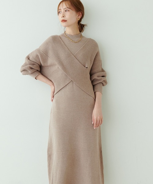 natural couture（ナチュラルクチュール）の「再販売/クロスニット＋ノースリーブワンピースセット（ワンピース・レディース・モカ/ブラック/オフホワイト・FREE）」の5枚目の写真