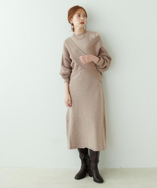 natural couture（ナチュラルクチュール）の「再販売/クロスニット＋ノースリーブワンピースセット（ワンピース・レディース・モカ/ブラック/オフホワイト・FREE）」の7枚目の写真