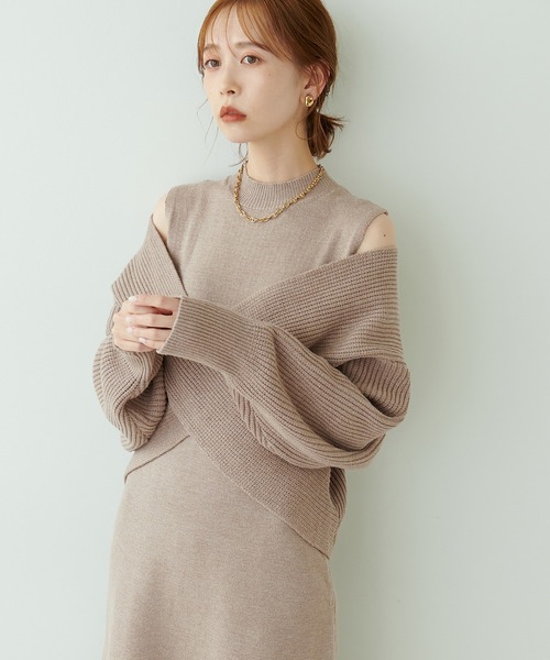 natural couture（ナチュラルクチュール）の「再販売/クロスニット＋ノースリーブワンピースセット（ワンピース・レディース・モカ/ブラック/オフホワイト・FREE）」の10枚目の写真