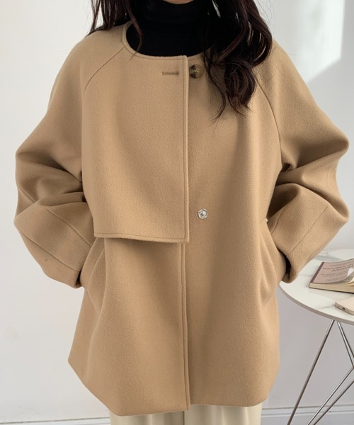 BEIGE ノーカラーショートコート　黒 スーパー140ビーバーノーカラーショートコート（ノーカラー