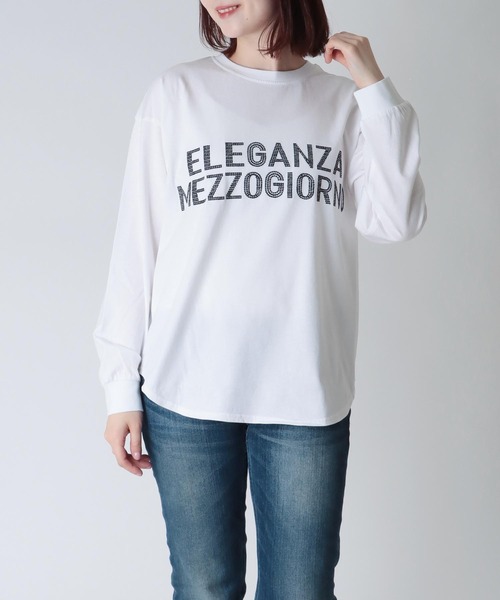 Jines（ジネス）の「ロゴ入り・ロングTシャツ（Tシャツ/カットソー・レディース・ホワイト/ライトイエロー/ライトベージュ・38）」の2枚目の写真