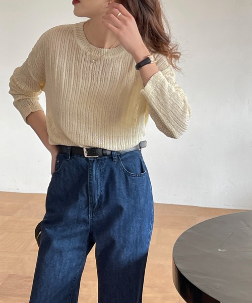 emi+(エミプラス)の「透かしニットプルオーバー(Tシャツ/カットソー・レディース・ホワイト/ブラウン/ベージュ/ピンクベージュ/ブラック・FREE)」の5枚目の写真