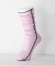 【TRICOTE】 サイドと履き口に配色のメローを施したチュールハイソックス
