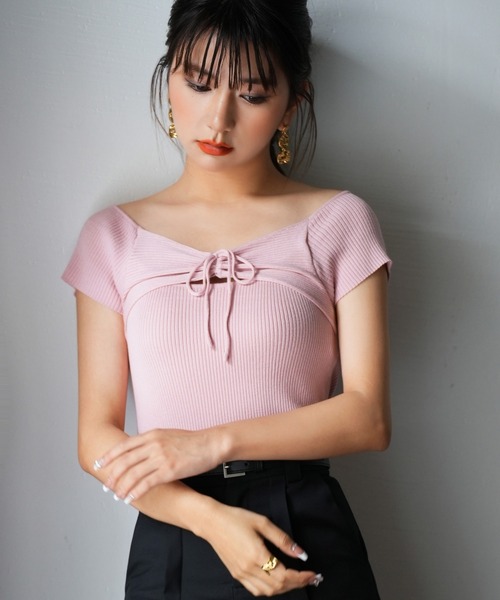 SAISON DE PAPILLON(セゾンドパピヨン)の「フレンチスリーブショート丈リブニット(ニット/セーター・レディース・ピンク/ブラウン/ブラック/グリーン・M/L)」の7枚目の写真