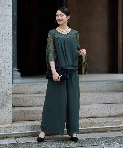 セール】レース切替ブラウス+ワイドパンツセットアップドレス＜大きい