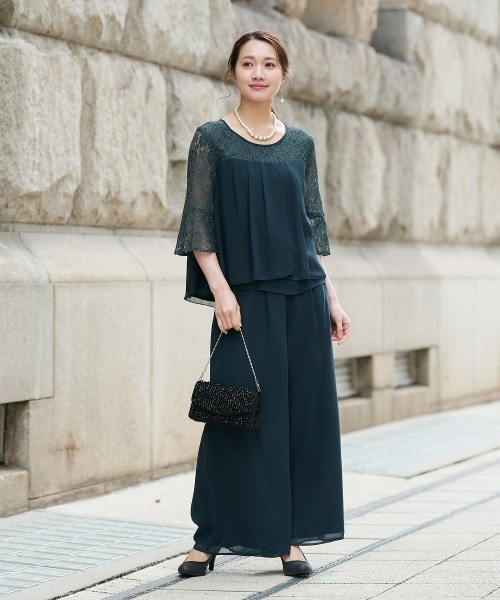 新品☆4L♪紺系♪レース切替ブラウス＆ワイドパンツ♪結婚式〇A802 セール】レース切替ブラウス+ワイドパンツセットアップドレス（パンツ