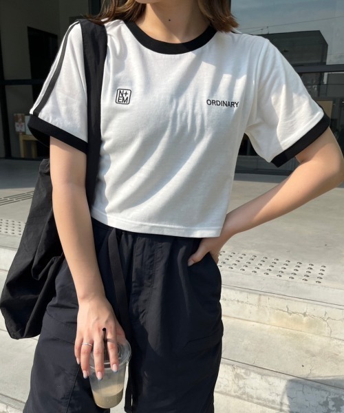 nemne store（ネンネストア）の「ライン入り刺繍リンガーTシャツ（Tシャツ/カットソー・レディース・オフホワイト/ネイビー・フリー）」の3枚目の写真