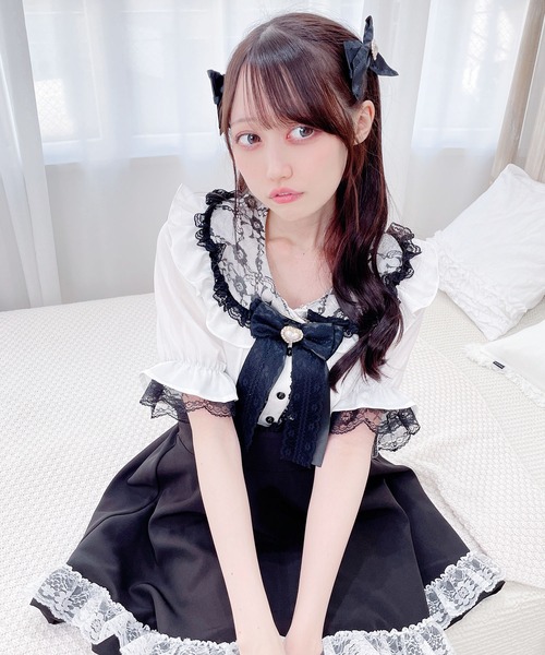 MA＊RS - フリルレースブラウス、ロングパンツ MA*RS】サテンリボン付きフリルブラウス - WHT/ブラック size-F