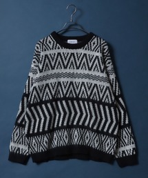Total Pattern Shaggy Knit Pullover/総柄 ニット シャギー プルオーバー
