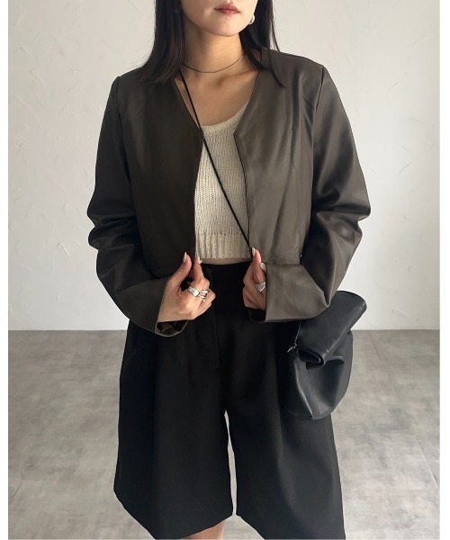 leimn（レイムン）の「レザーショートジャケット（ノーカラージャケット・レディース・ブラック/モカ・M）」の17枚目の写真