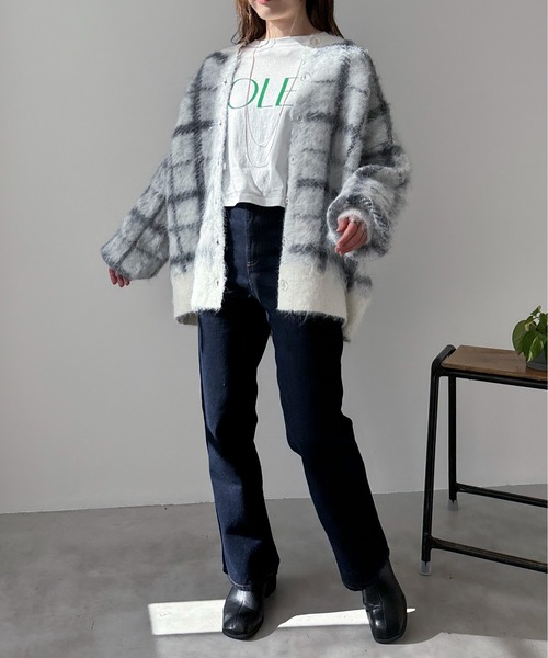 EPIMI E'PIMMY（エピミエピミー）の「【ハンドウォッシャブル】2WAYシャギーチェックカーディガン（カーディガン/ボレロ・レディース・ブラック/オフホワイト/杢グレー・MEDIUM）」の6枚目の写真