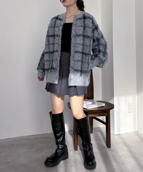 EPIMI E'PIMMY（エピミエピミー）の「【ハンドウォッシャブル】2WAYシャギーチェックカーディガン（カーディガン/ボレロ・レディース・ブラック/オフホワイト/杢グレー・MEDIUM）」の13枚目の写真