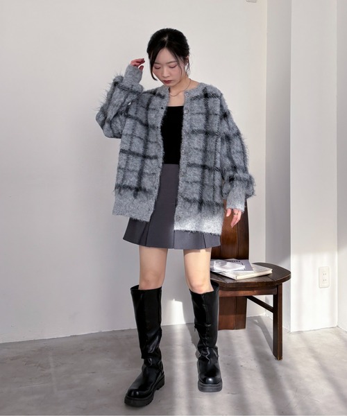 EPIMI E'PIMMY（エピミエピミー）の「【ハンドウォッシャブル】2WAYシャギーチェックカーディガン（カーディガン/ボレロ・レディース・ブラック/オフホワイト/杢グレー・MEDIUM）」の16枚目の写真