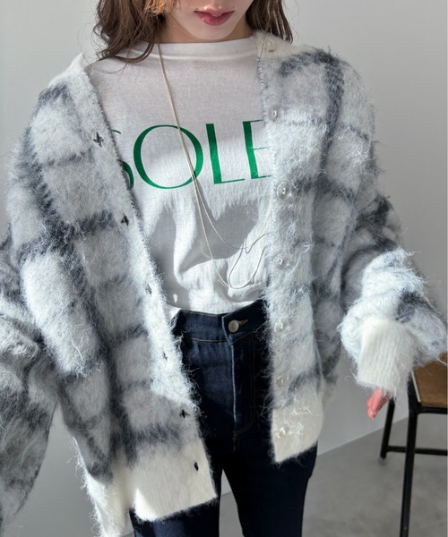 EPIMI E'PIMMY（エピミエピミー）の「【ハンドウォッシャブル】2WAYシャギーチェックカーディガン（カーディガン/ボレロ・レディース・ブラック/オフホワイト/杢グレー・MEDIUM）」の5枚目の写真