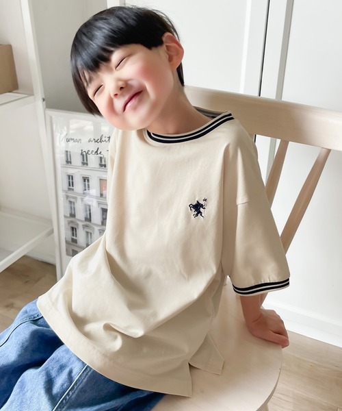 Java（ジャバ）の「《JaVa ジャバコラボ》着るだけで気分が上がる！綿100%シルケット 配色刺繍半袖Tシャツ（Tシャツ/カットソー・キッズ・アイボリー/グリーン・100/120/140/160）」の4枚目の写真