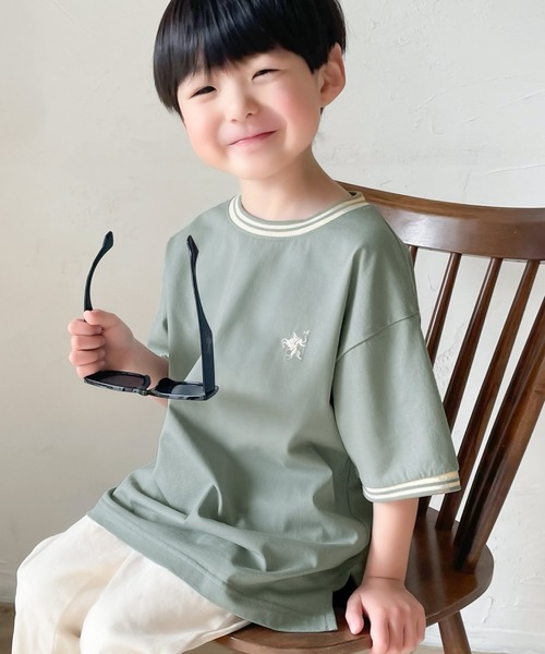 Java（ジャバ）の「《JaVa ジャバコラボ》着るだけで気分が上がる！綿100%シルケット 配色刺繍半袖Tシャツ（Tシャツ/カットソー・キッズ・アイボリー/グリーン・100/120/140/160）」の7枚目の写真