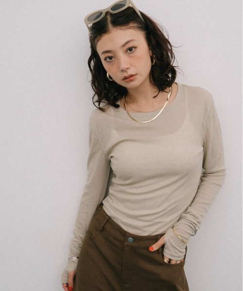 HANNE（アン）の「シアーロングスリーブTEE（Tシャツ/カットソー・レディース・ネイビー/ベージュ/ホワイト/レッド/ブラック/パープル/ブルー・FREE）」の4枚目の写真