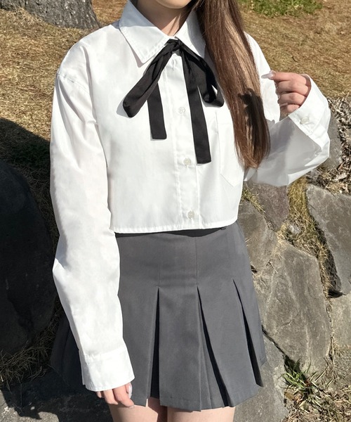 shrita（シュリータ）の「リボン付きボウタイシャツ【キッズでも着れるSサイズ展開あり】（シャツ/ブラウス・キッズ・ホワイト/ブルー/グレー系その他・S/M/L）」の4枚目の写真