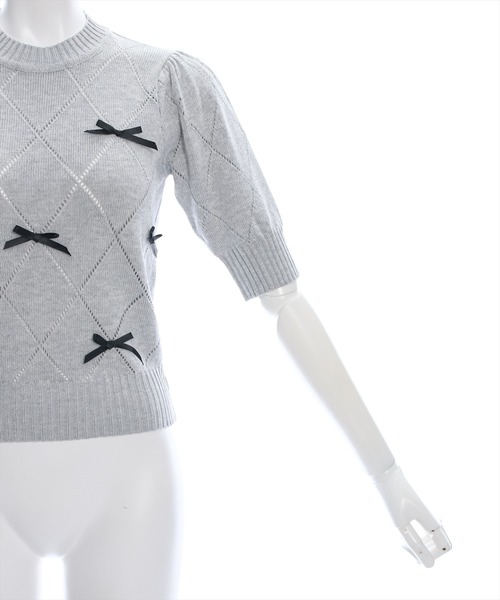 clear（クリア）の「アイレットリボンモチーフ半袖ニットトップス[バレエコア ガーリー]≪再入荷≫（ニット/セーター・レディース・ピンク/ブラック/オフホワイト/杢グレー・F）」の9枚目の写真