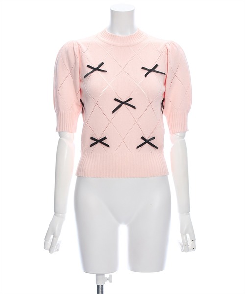 clear（クリア）の「アイレットリボンモチーフ半袖ニットトップス[バレエコア ガーリー]≪再入荷≫（ニット/セーター・レディース・ピンク/ブラック/オフホワイト/杢グレー・F）」の13枚目の写真