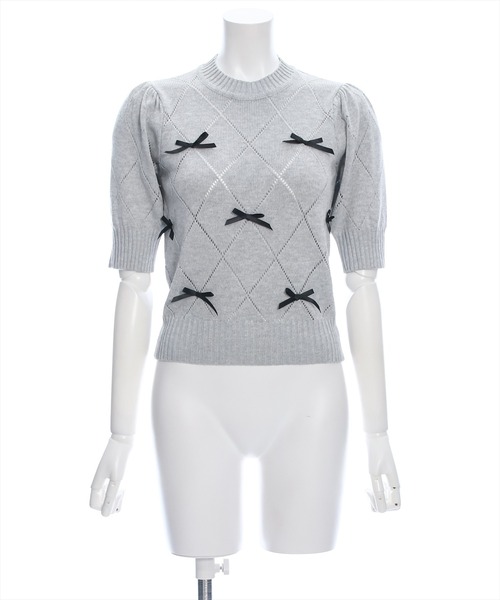 clear（クリア）の「アイレットリボンモチーフ半袖ニットトップス[バレエコア ガーリー]≪再入荷≫（ニット/セーター・レディース・ピンク/ブラック/オフホワイト/杢グレー・F）」の14枚目の写真