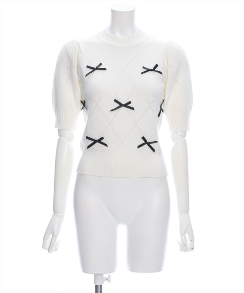 clear（クリア）の「アイレットリボンモチーフ半袖ニットトップス[バレエコア ガーリー]≪再入荷≫（ニット/セーター・レディース・ピンク/ブラック/オフホワイト/杢グレー・F）」の16枚目の写真