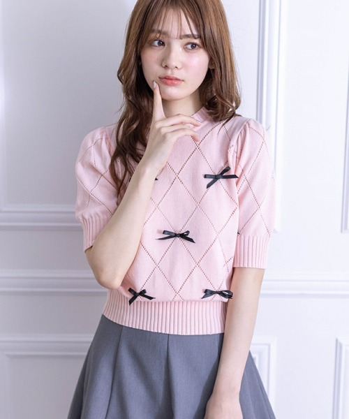 リボン半袖ニット ブラック×ピンク セール】スクエアネック ギャザー紐リボン 半袖ニットTシャツ