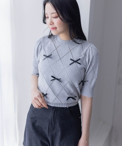 clear（クリア）の「アイレットリボンモチーフ半袖ニットトップス[バレエコア ガーリー]≪再入荷≫（ニット/セーター・レディース・ピンク/ブラック/オフホワイト/杢グレー・F）」の18枚目の写真