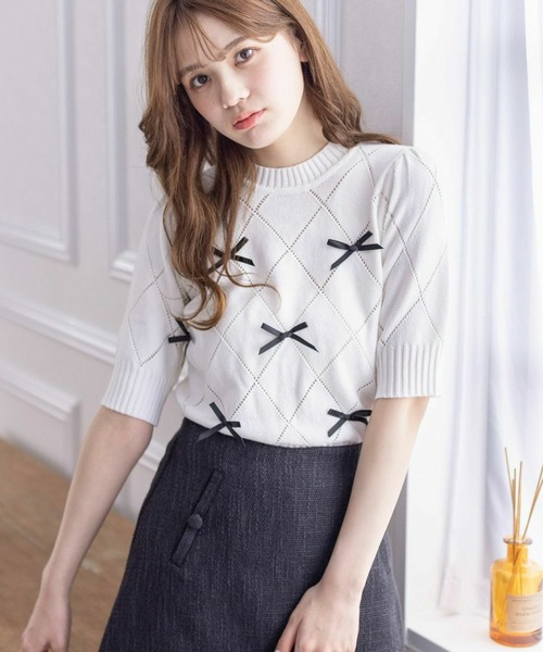 clear（クリア）の「アイレットリボンモチーフ半袖ニットトップス[バレエコア ガーリー]≪再入荷≫（ニット/セーター・レディース・ピンク/ブラック/オフホワイト/杢グレー・F）」の20枚目の写真
