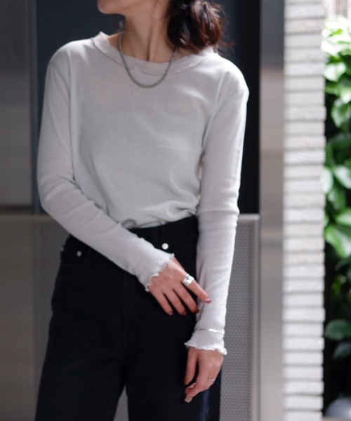 &HALF(アンドハーフ)の「コットンクルーネックシアートップス(Tシャツ/カットソー・レディース・ライトグレー/ブラック/ベージュ/オフホワイト/ピンク・M/L)」の3枚目の写真