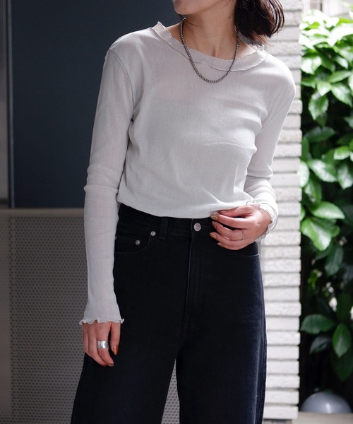 &HALF(アンドハーフ)の「コットンクルーネックシアートップス(Tシャツ/カットソー・レディース・ライトグレー/ブラック/ベージュ/オフホワイト/ピンク・M/L)」の6枚目の写真