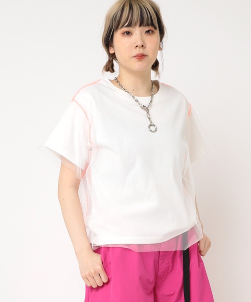 RNA(アールエヌエー)の「M2239 チュールレイヤードT(Tシャツ/カットソー・レディース・ホワイト/ブラック/オレンジ・MEDIUM)」の2枚目の写真