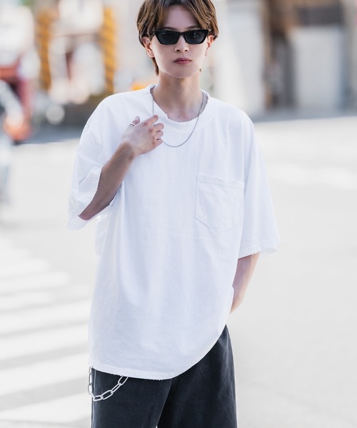 セール】ダメージ加工 胸ポケット 半袖Tシャツ（Tシャツ/カットソー