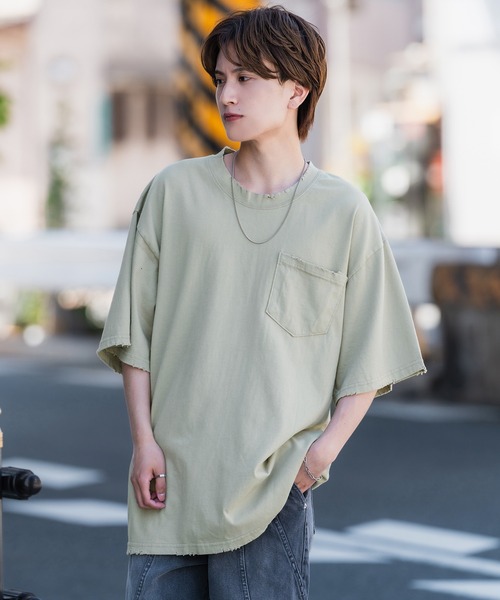 セール】ダメージ加工 胸ポケット 半袖Tシャツ（Tシャツ/カットソー