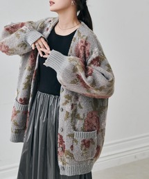 フラワーフェザーVネックロングカーディ