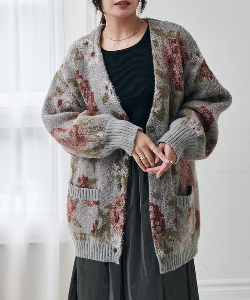 セール】フラワーフェザーVネックロングカーディ（カーディガン
