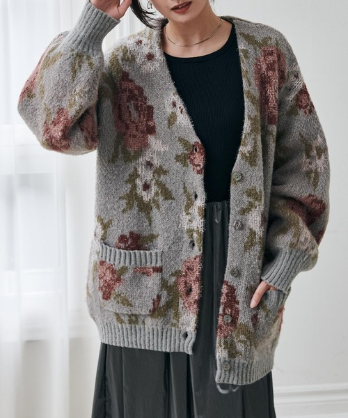 セール】フラワーフェザーVネックロングカーディ（カーディガン
