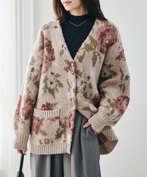 セール】フラワーフェザーVネックロングカーディ（カーディガン