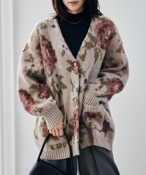 セール】フラワーフェザーVネックロングカーディ（カーディガン