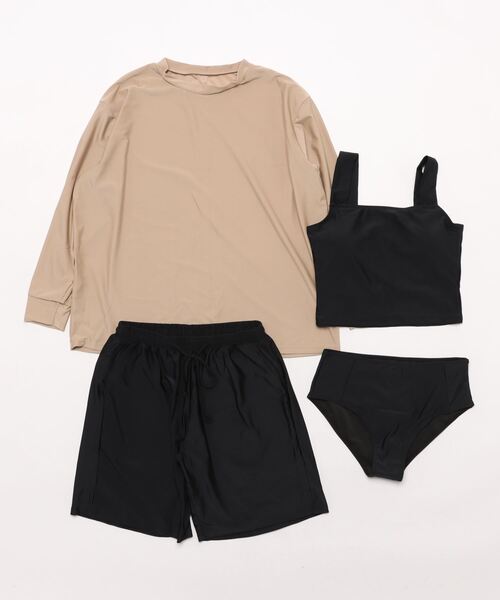 Ritzy（リッツィー）の「洋服見え 体型カバー 長袖ラッシュガード+ショートパンツ+タンクトップビキニ 水着 4点セット（水着・レディース・ベージュ系/ブラック系3/ブラック系1/ホワイト系/ブラック系2・M/L/XL）」の10枚目の写真