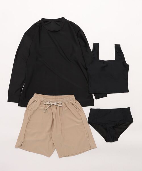 Ritzy（リッツィー）の「洋服見え 体型カバー 長袖ラッシュガード+ショートパンツ+タンクトップビキニ 水着 4点セット（水着・レディース・ベージュ系/ブラック系3/ブラック系1/ホワイト系/ブラック系2・M/L/XL）」の9枚目の写真