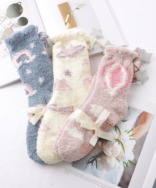 セール】【3足組】ドリーム柄 クルー丈 ふわもこ ルーム ソックス