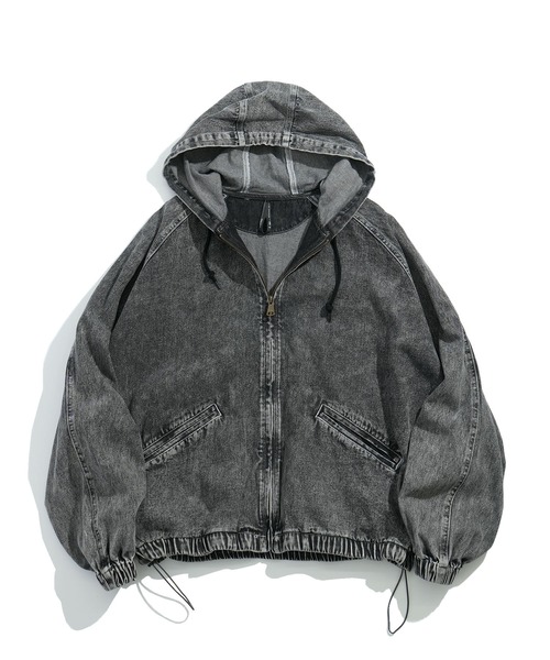 セール】vintage like hard wash denim hoodie/オーバーサイズ