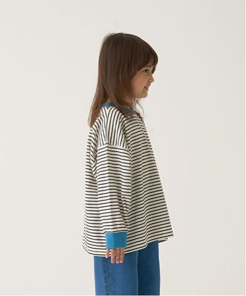 b・ROOM(ビールーム)の「【型崩れしないやわらかコットン】プリントミジンボーダービッグシルエットTシャツ(Tシャツ/カットソー・キッズ・ブラック/アイボリー/スカイブルー/ベージュ・110cm/120cm/130cm/140cm/150cm/100cm)」の4枚目の写真