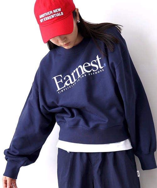 ANME（アンメ）の「Earnestエンブロイダリー裏毛スウェットトップス（スウェット・レディース・オートミール/ネイビー/アイボリー/ブラック/杢グレー・L/M/XL）」の5枚目の写真