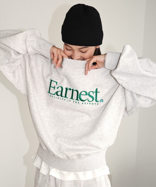 ANME（アンメ）の「Earnestエンブロイダリー裏毛スウェットトップス（スウェット・レディース・オートミール/ネイビー/アイボリー/ブラック/杢グレー・L/M/XL）」の18枚目の写真