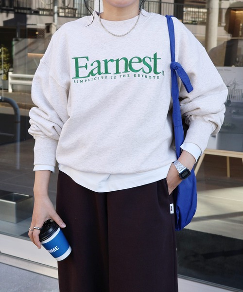 ANME（アンメ）の「Earnestエンブロイダリー裏毛スウェットトップス（スウェット・レディース・オートミール/ネイビー/アイボリー/ブラック/杢グレー・L/M/XL）」の19枚目の写真