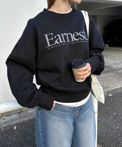 ANME（アンメ）の「Earnestエンブロイダリー裏毛スウェットトップス（スウェット・レディース・オートミール/ネイビー/アイボリー/ブラック/杢グレー・L/M/XL）」の15枚目の写真