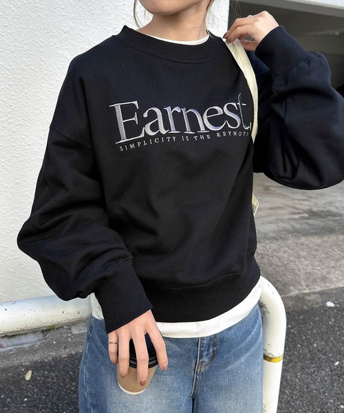 ANME（アンメ）の「Earnestエンブロイダリー裏毛スウェットトップス（スウェット・レディース・オートミール/ネイビー/アイボリー/ブラック/杢グレー・L/M/XL）」の16枚目の写真